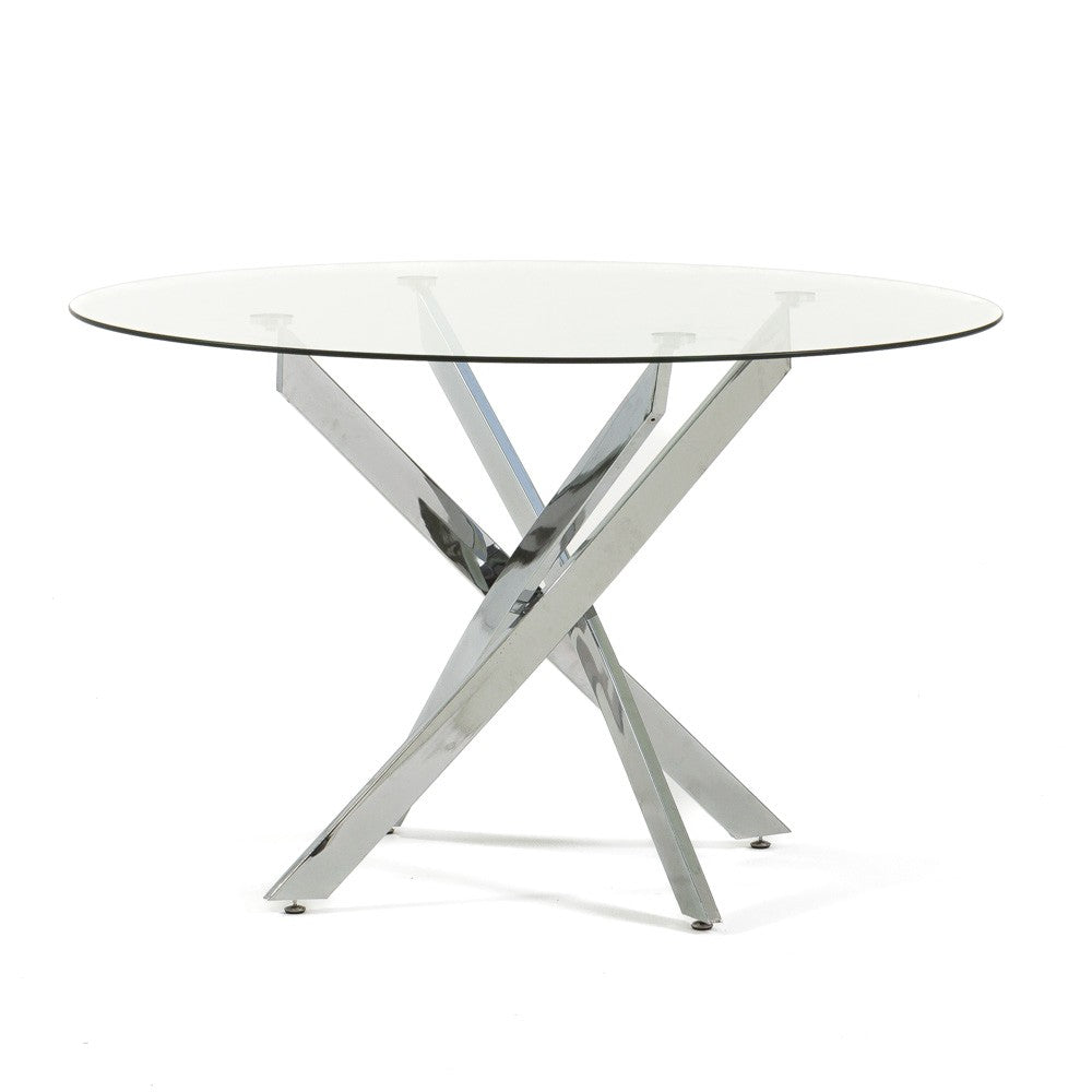 Kasper – tavolo rotondo in vetro temperato e metallo, colore del piano in vetro trasparente, dimensione ø 120 cm, gambe argento