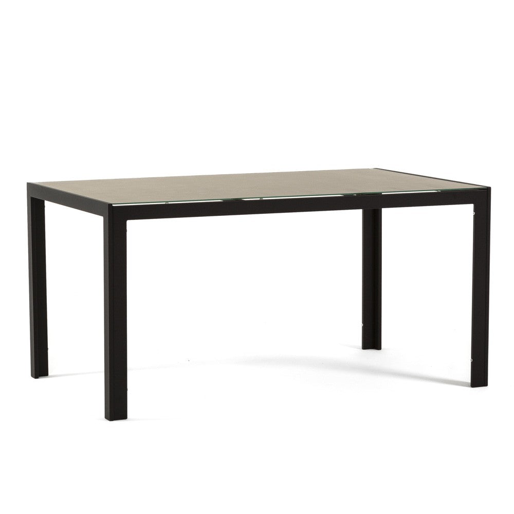Milo – tavolo in alluminio con piano in vetro decorato, struttura antracite, top tavolo granito